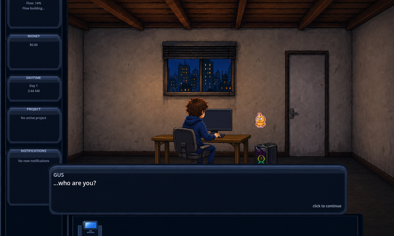 Gus Makes Games: a pixel-art bedroom where a solo developer works