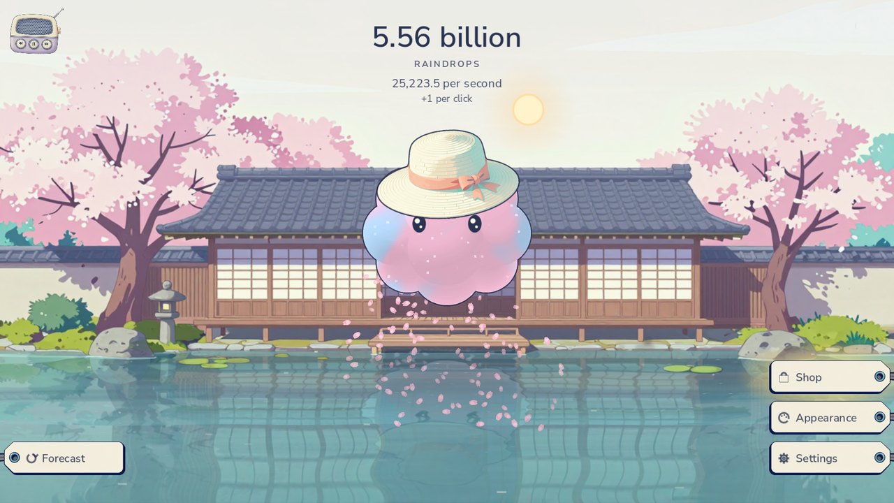 Just One Drop: a small pink cloud in a sun hat raining petals over a koi pond