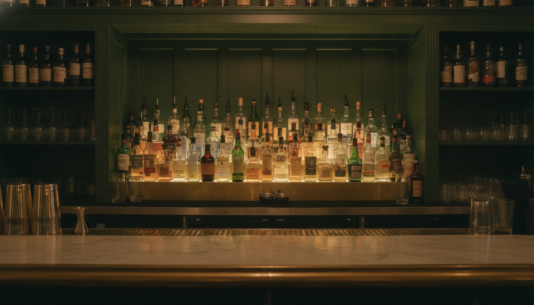 The back bar at night: amber bottles lit along a brass rail against deep green panelling