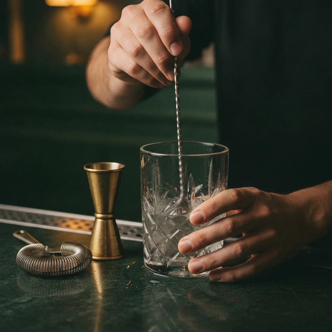 A bartender stirring a cocktail in a cut crystal mixing glass, a brass jigger and strainer resting on the green stone bar