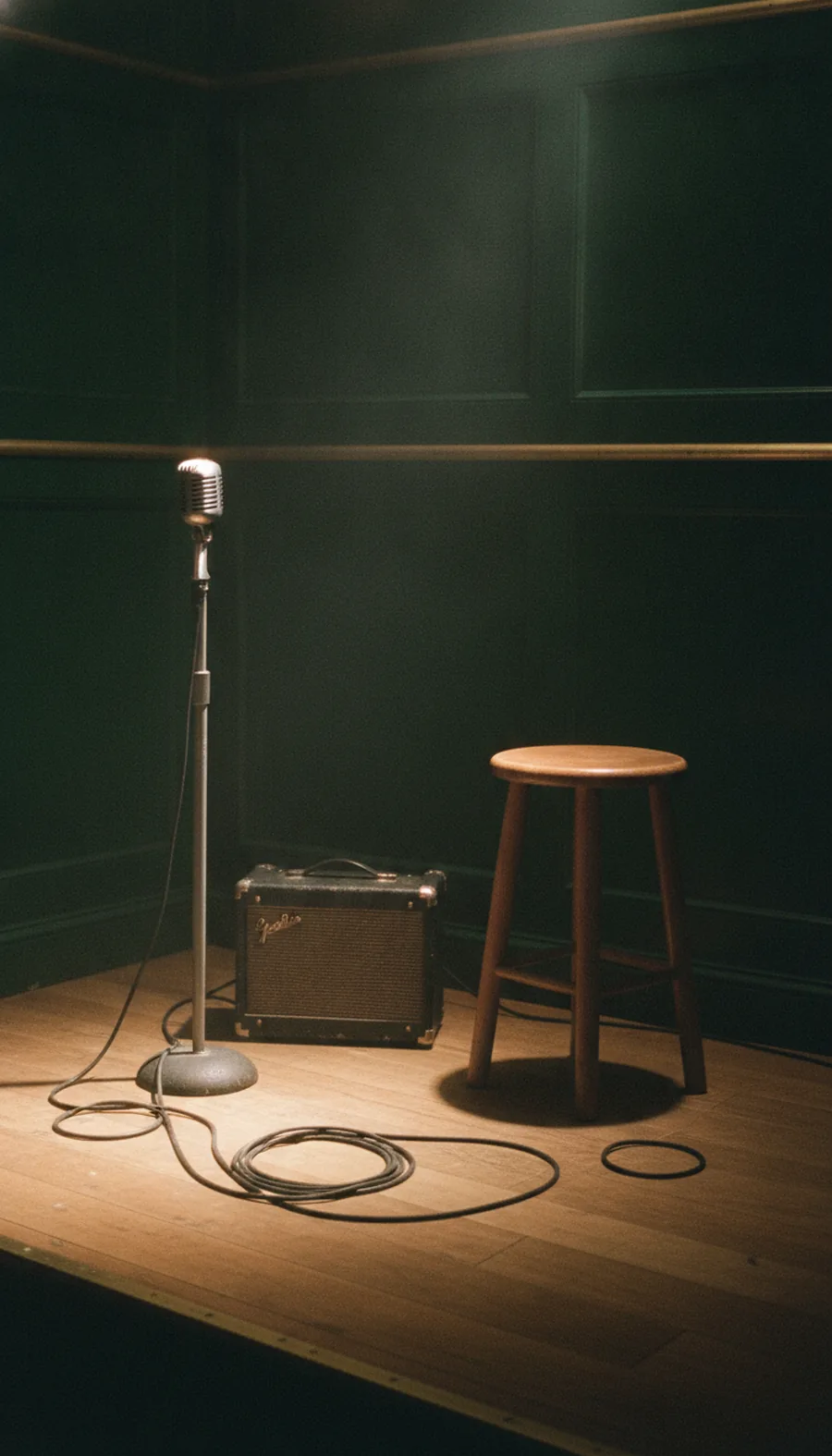 The corner stage between sets: a vintage microphone, a small amplifier and a stool under a warm light