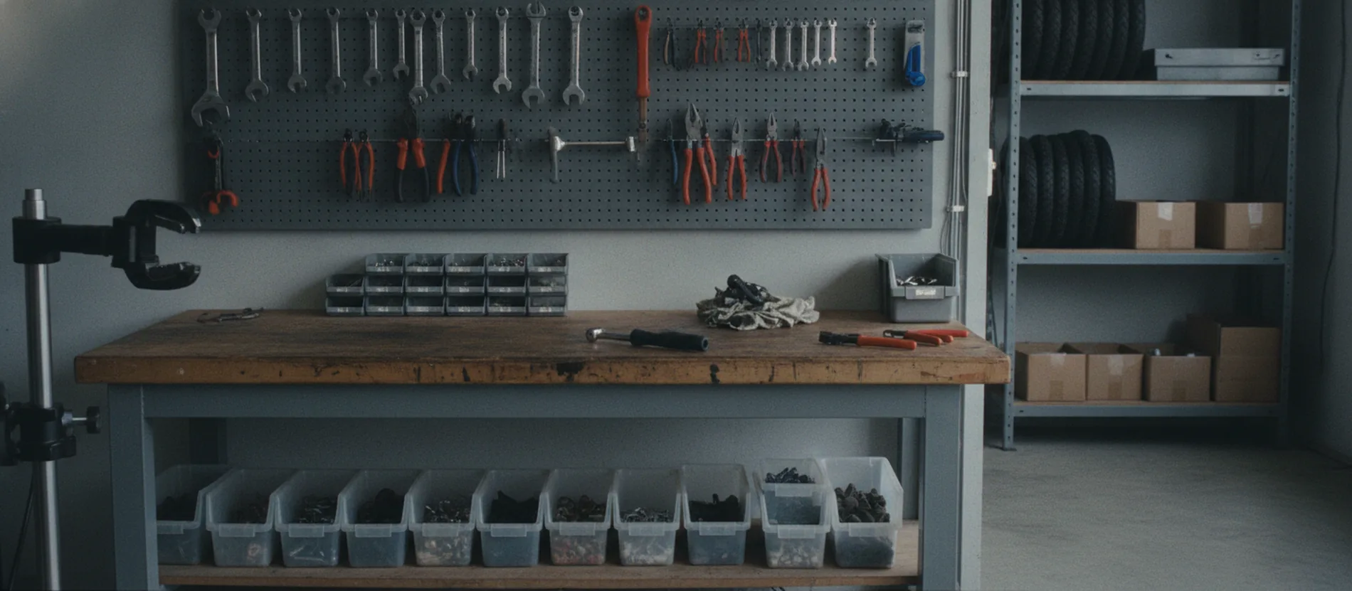 The workshop bench: a pegboard of wrenches and pliers above a scarred wooden top, small parts bins beneath it, a repair stand at the left and boxed stock on steel shelving to the right