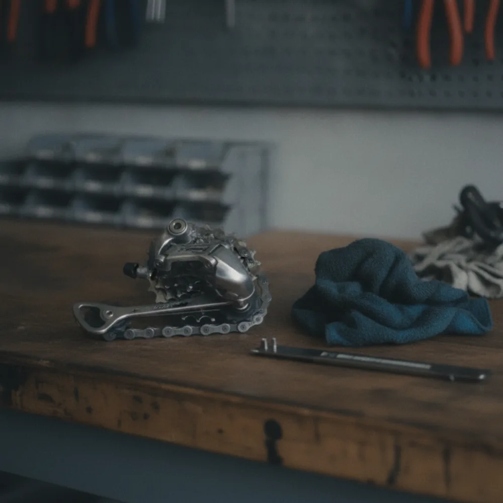 A rear derailleur and chain resting on the bench beside a rag and a chain checker