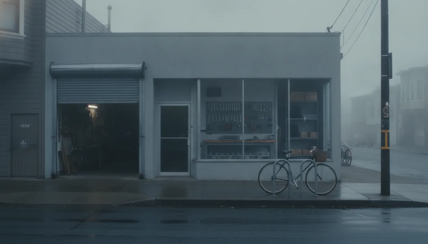 The shop from across the street on a foggy morning: a plain glass front, the roll-up door half open, a bike locked at the rack outside