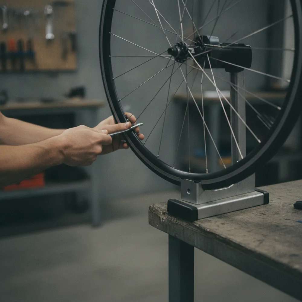 A wheel held in the truing stand while a hand adjusts spoke tension with a spoke key
