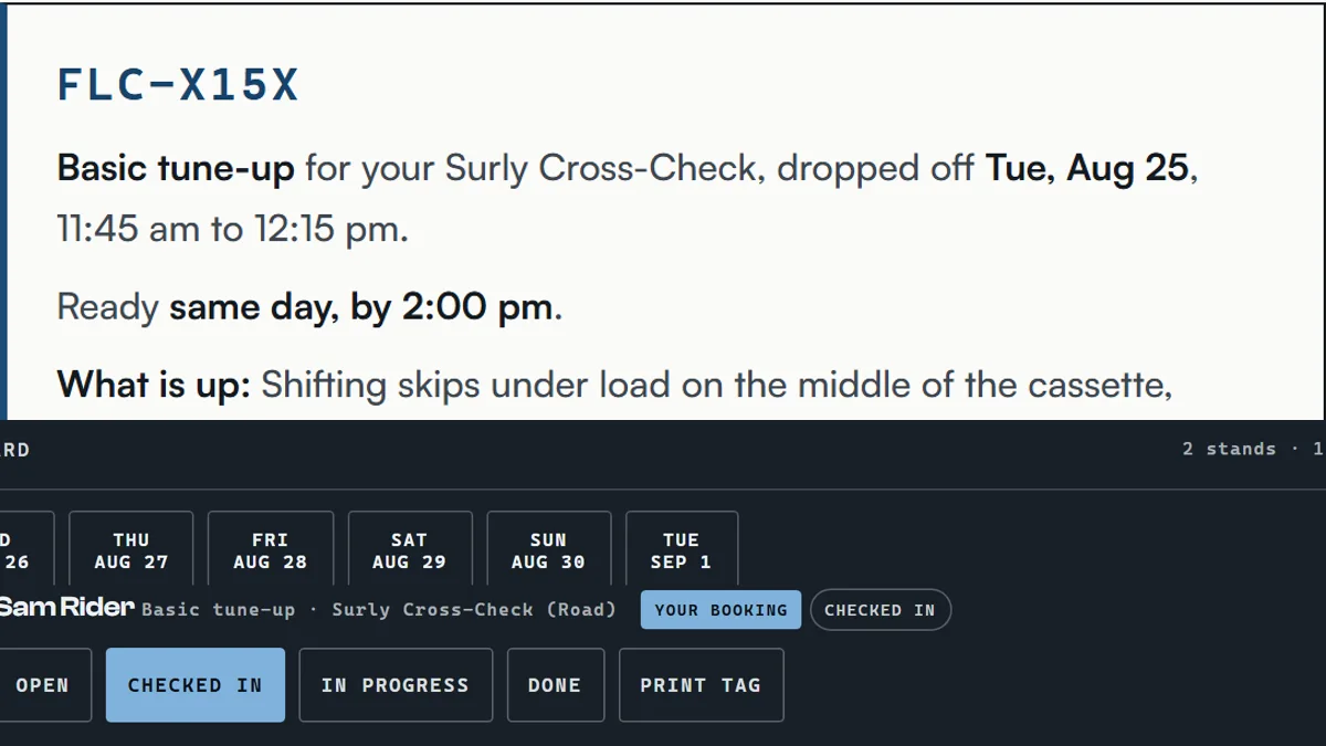 Both sides of one Fog Line booking: the customer's printable work tag on the left, and the same booking sitting on the shop's schedule board on the right