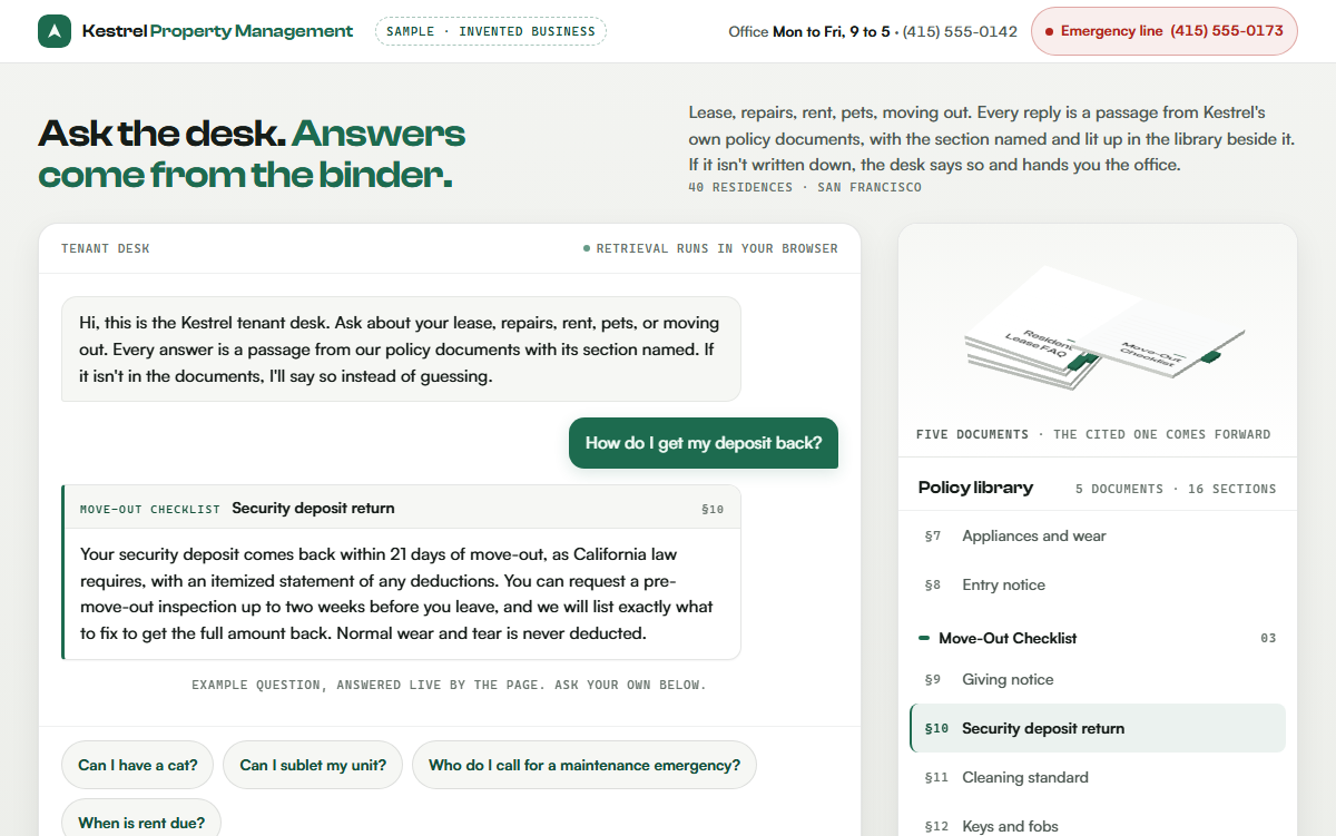 Kestrel tenant desk: the deposit question answered as an excerpt card from the Move-Out Checklist, with the policy library on the right lighting up the cited section
