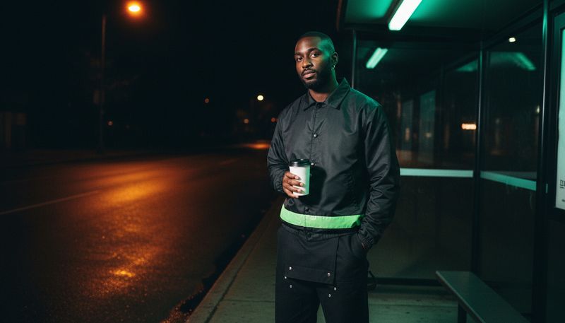 Dez at a bus shelter with coffee