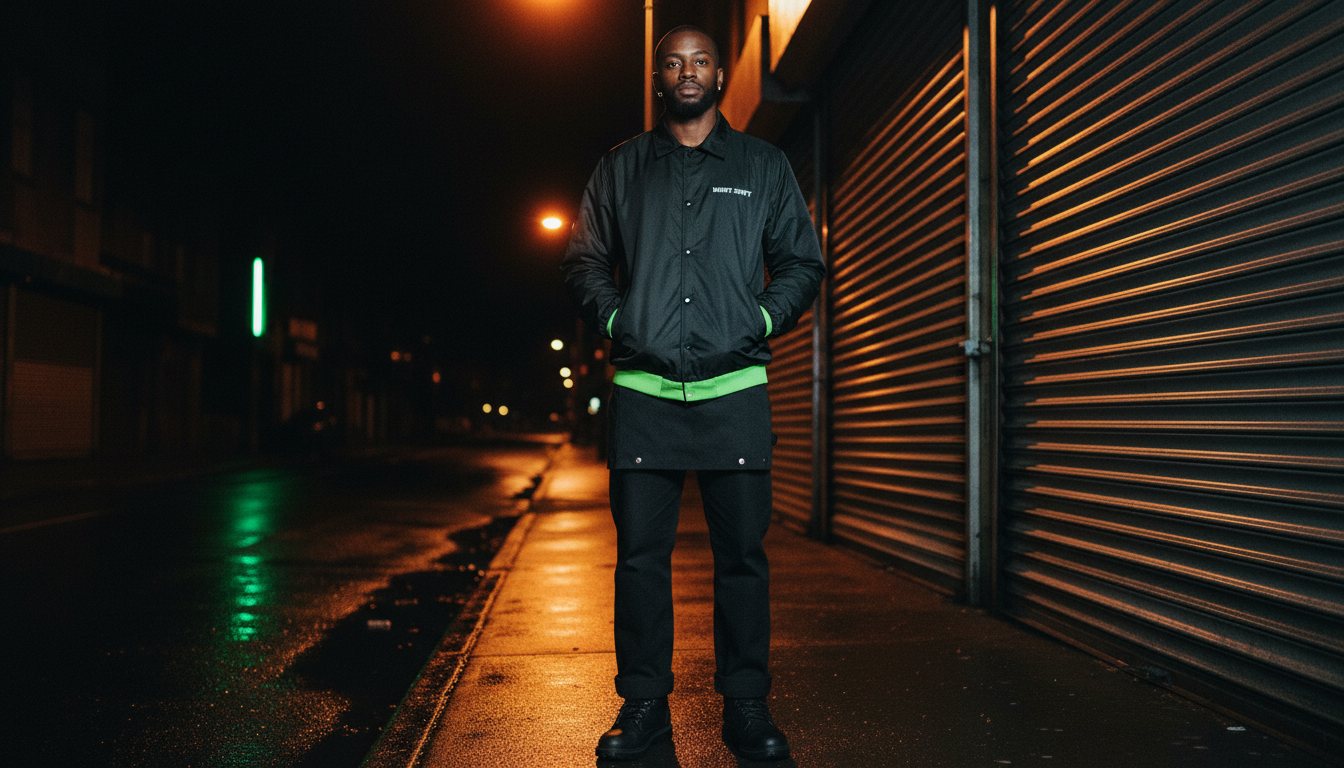 Dez in the coach jacket beside a closed shutter