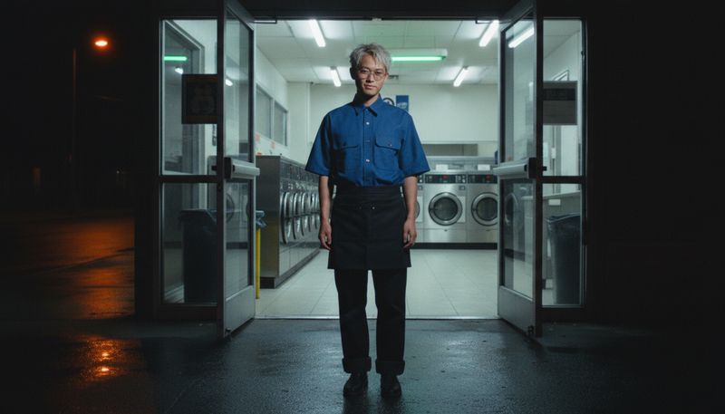 Kit in a laundromat doorway