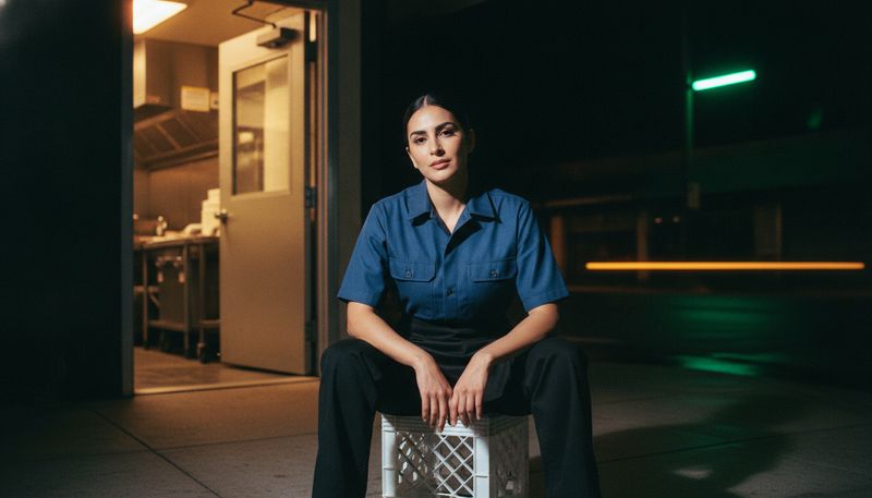 Marisol on a crate outside the kitchen door