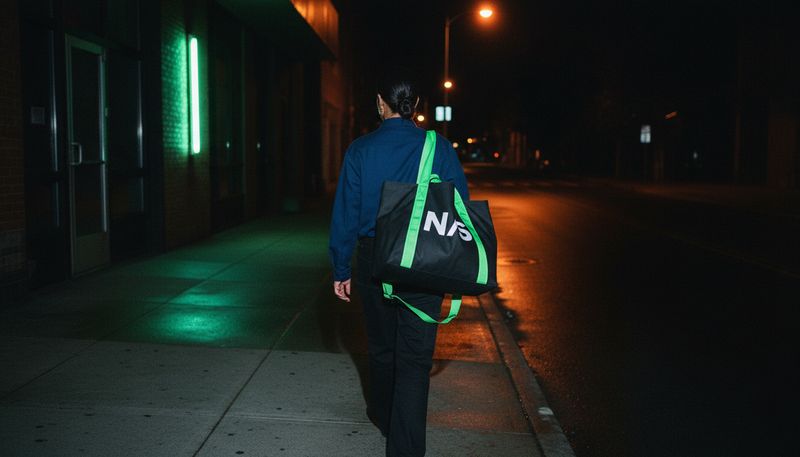 Marisol walking away with the tote
