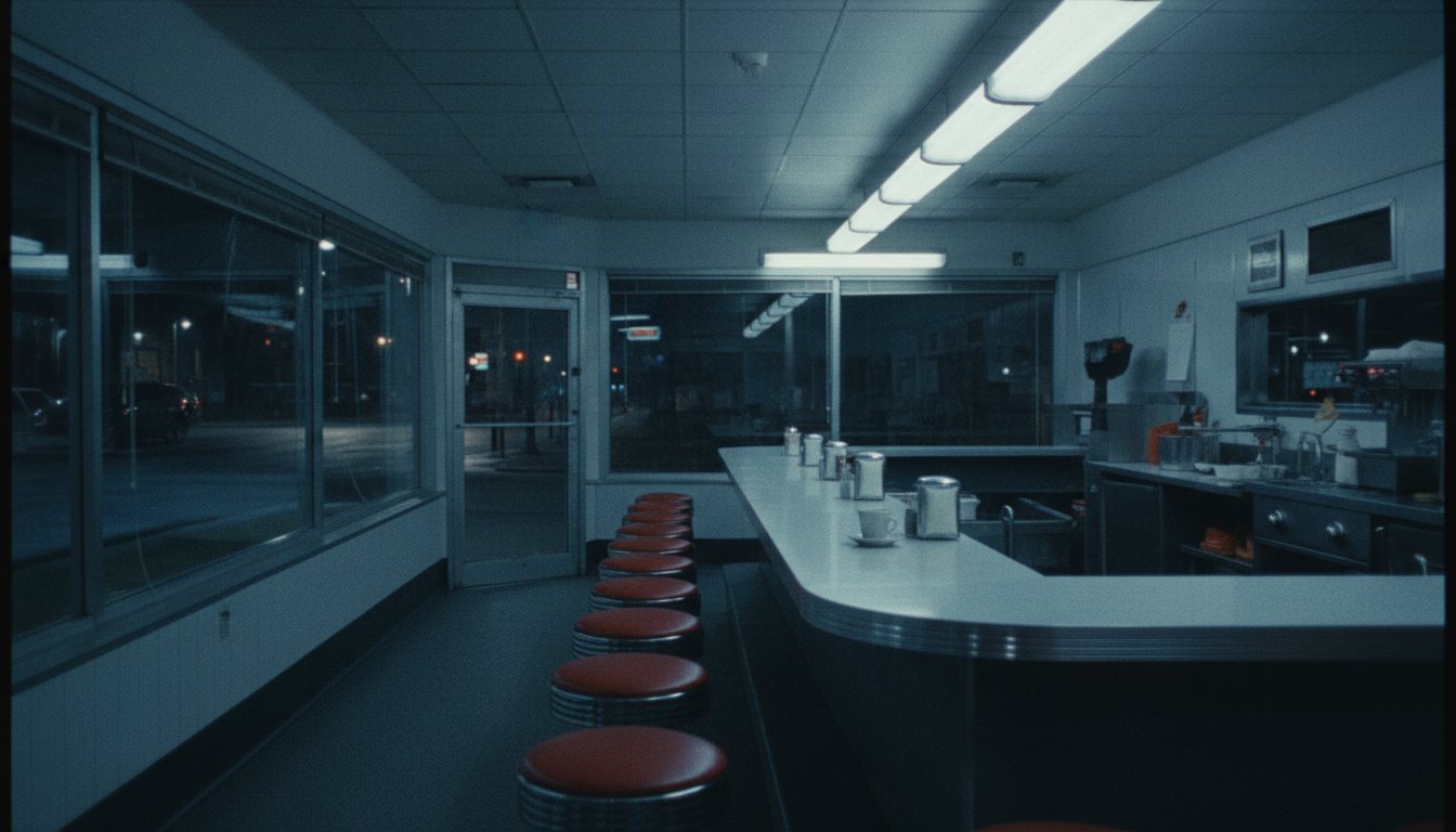 An empty 24-hour diner counter at night
